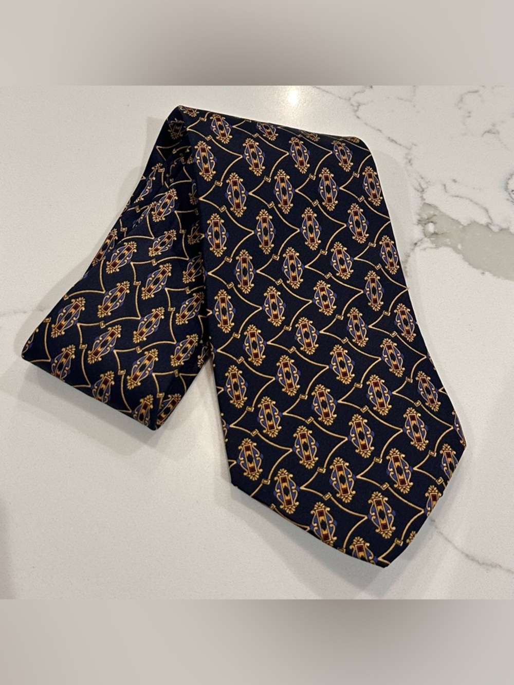 Zylos George Machado Men's Silk Necktie Gold Black Blue Geometric Made In USA
